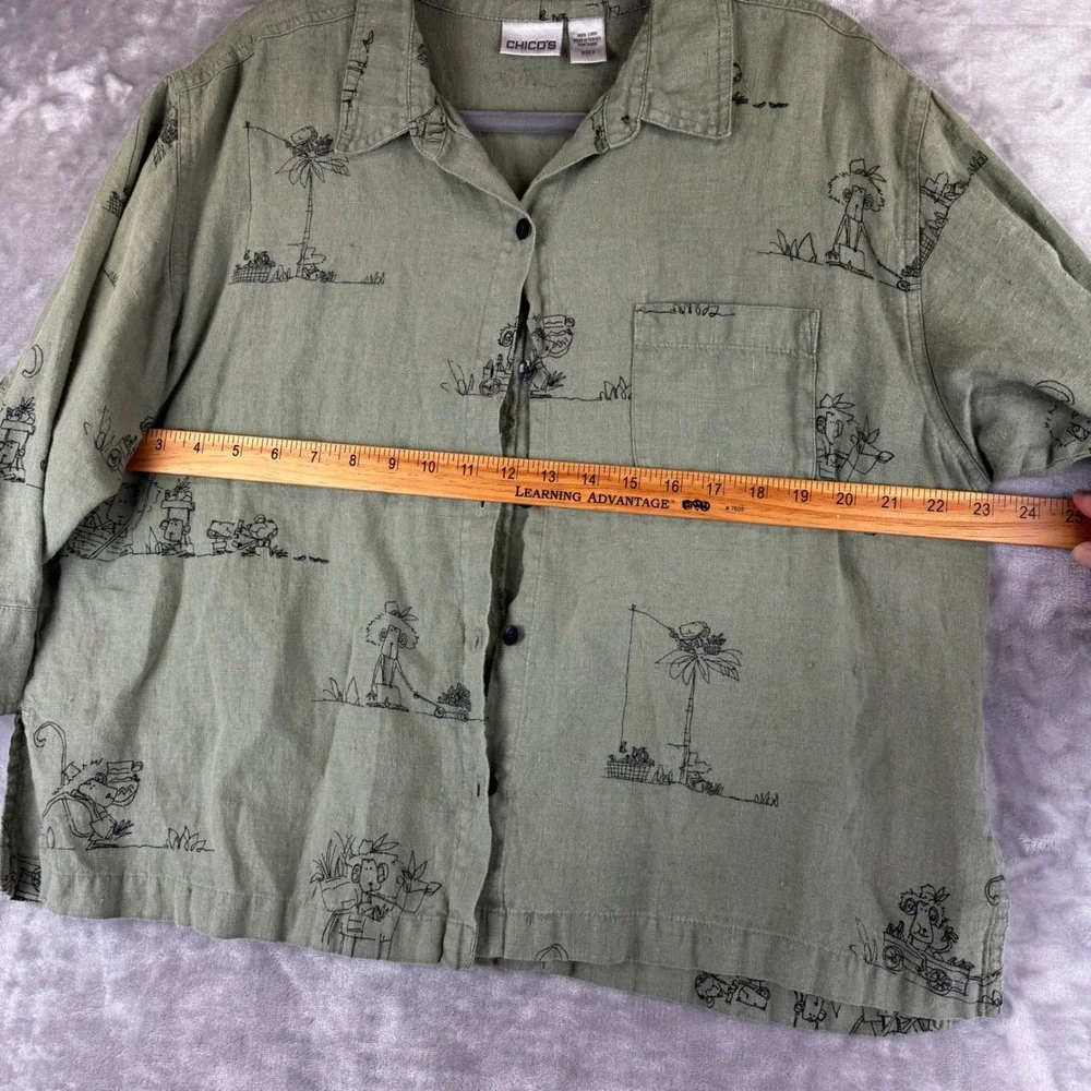 Chico's Button Down Shirt Women‎ 2 Green Linen Novelty Print Tropical (1470)